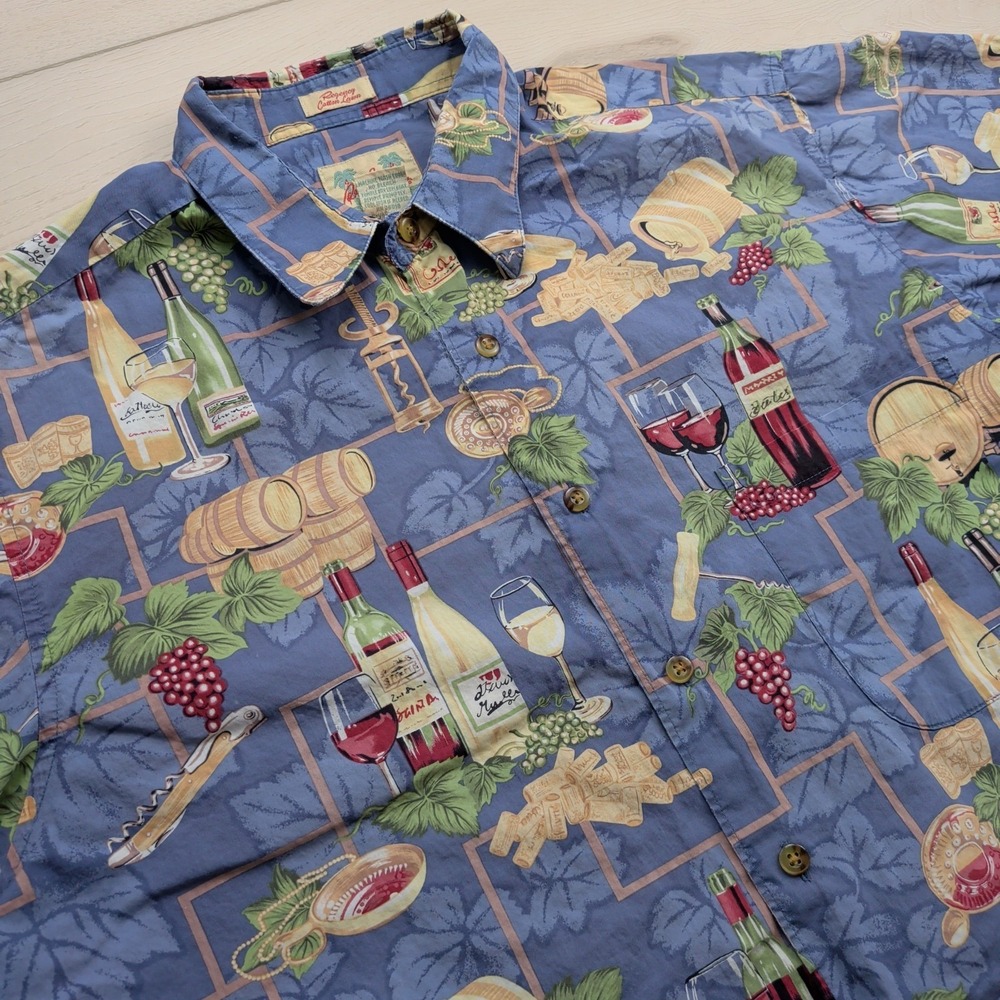 VTG Reyn Spooner Hawaiian Shirt Mens L Wine Bottles Grapes Regency Cotton Lawn